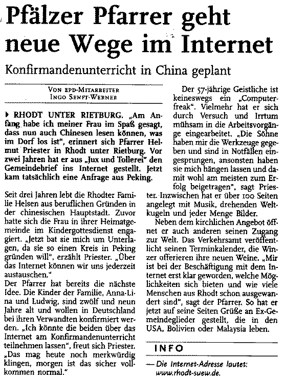 Tageszeitung die Rheinpfalz vom Dienstag, den 18.April 2000